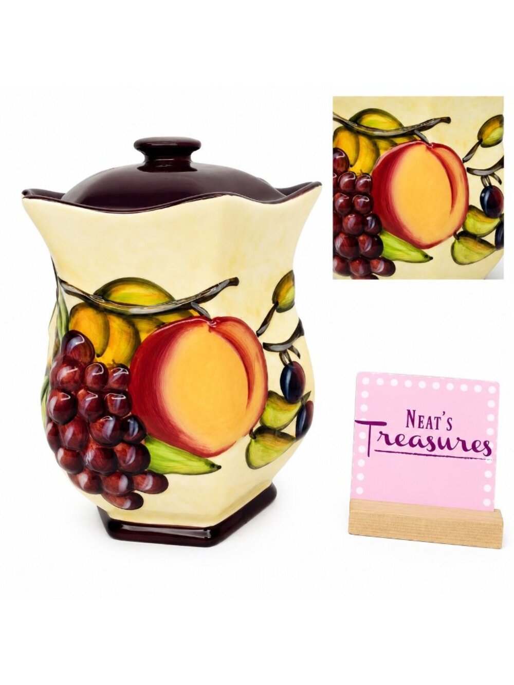 NONNI'S Hand Painted Embossed Fruit Burgundy Large Ceramic Biscotti Cookie Jar